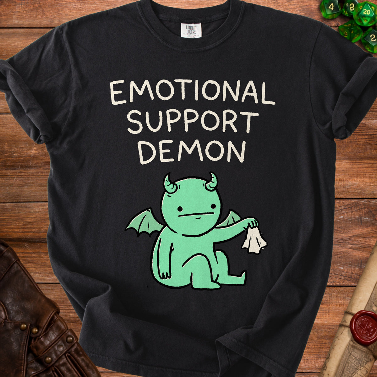 Black t-shirt with "EMOTIONAL SUPPORT DEMON" text and a green cartoon demon.