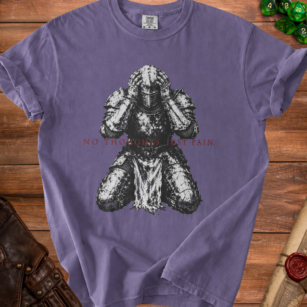 Purple t-shirt with knight illustration and text "NO THOUGHTS. JUST PAIN."