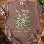 T-shirt with ADHD&D map graphic featuring a cat, dragon, tavern, and "Side Quest Forever" text.