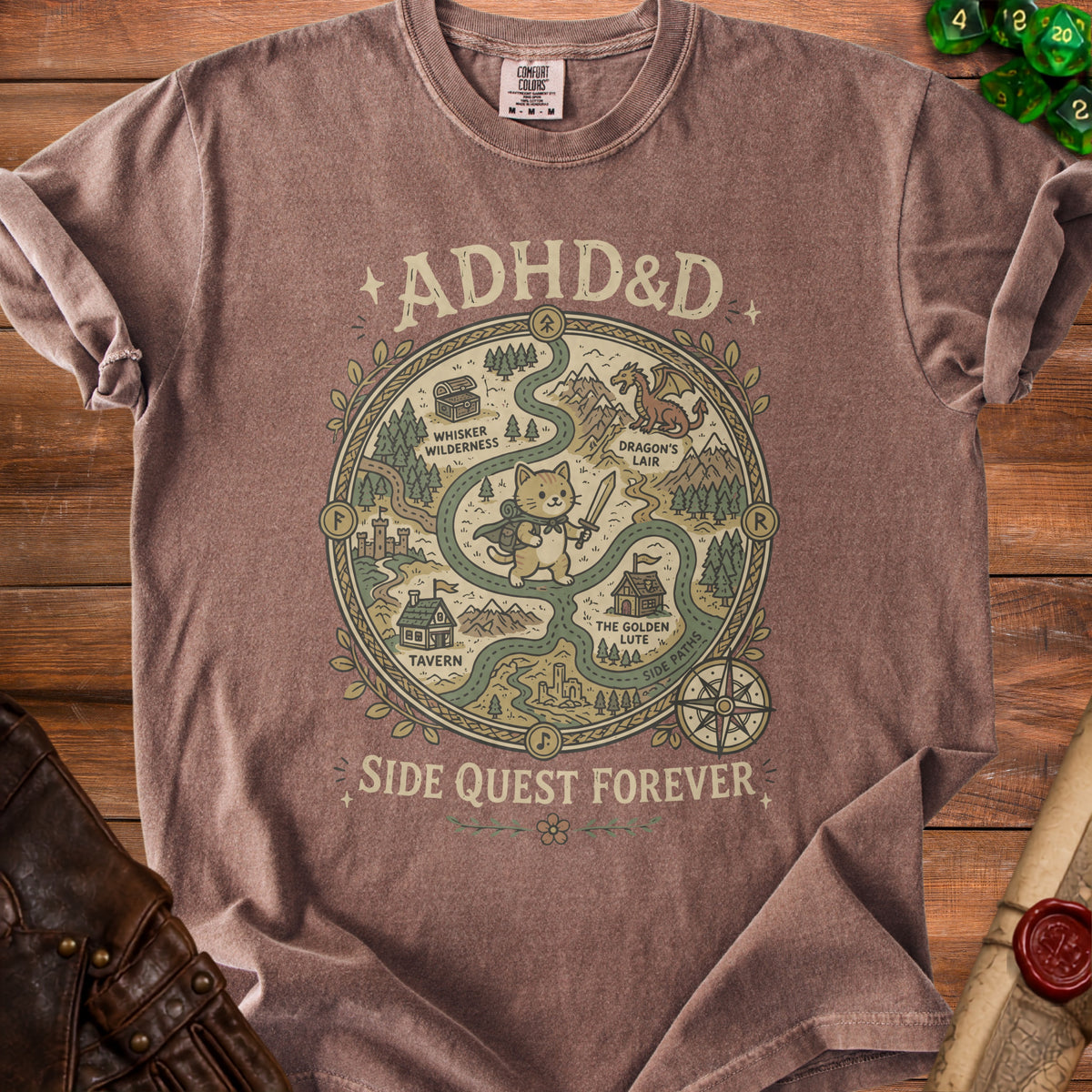 T-shirt with ADHD&D map graphic featuring a cat, dragon, tavern, and "Side Quest Forever" text.