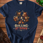 Dark blue t-shirt with "Rolling At Dawn" text and cartoon mice playing dice.