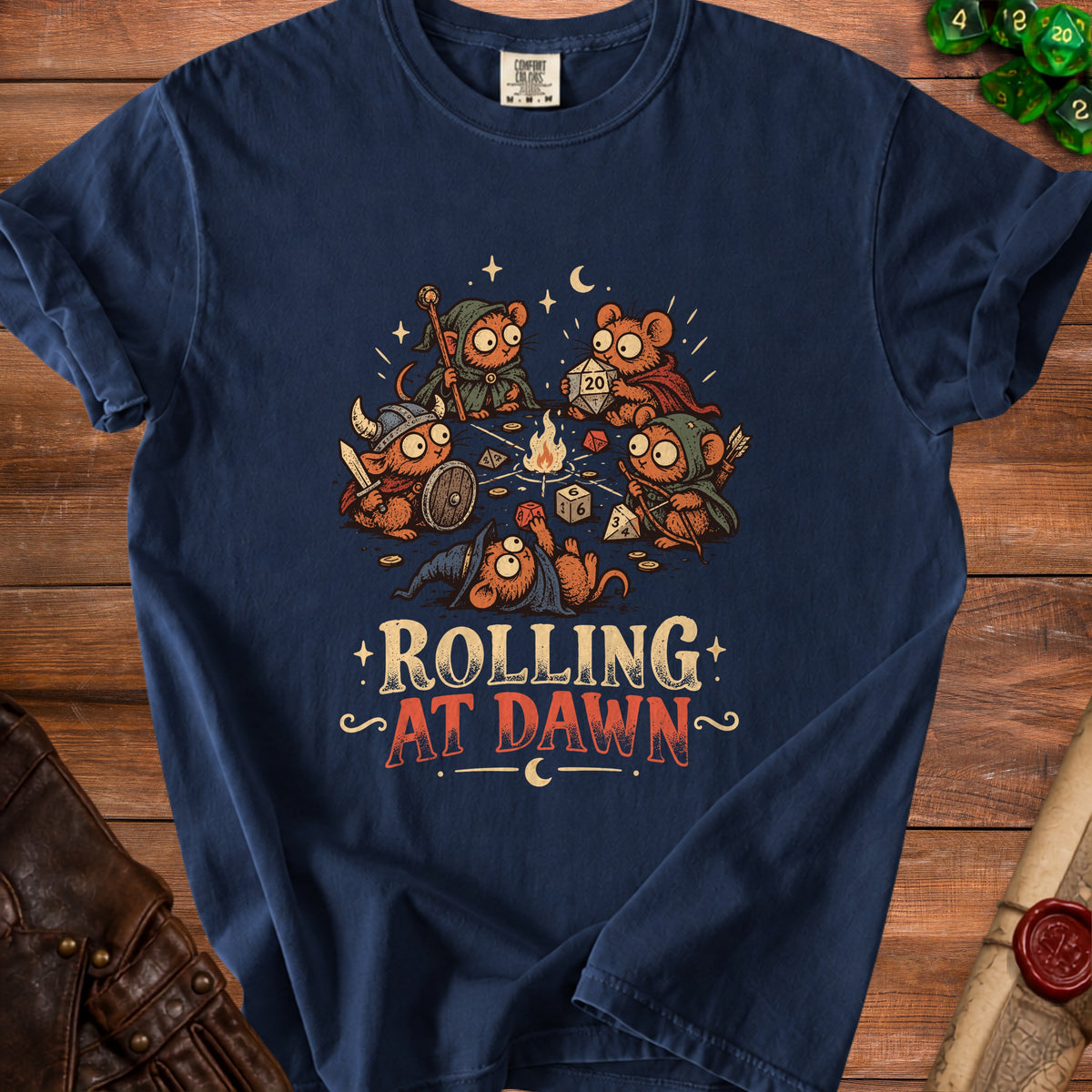 Dark blue t-shirt with "Rolling At Dawn" text and cartoon mice playing dice.