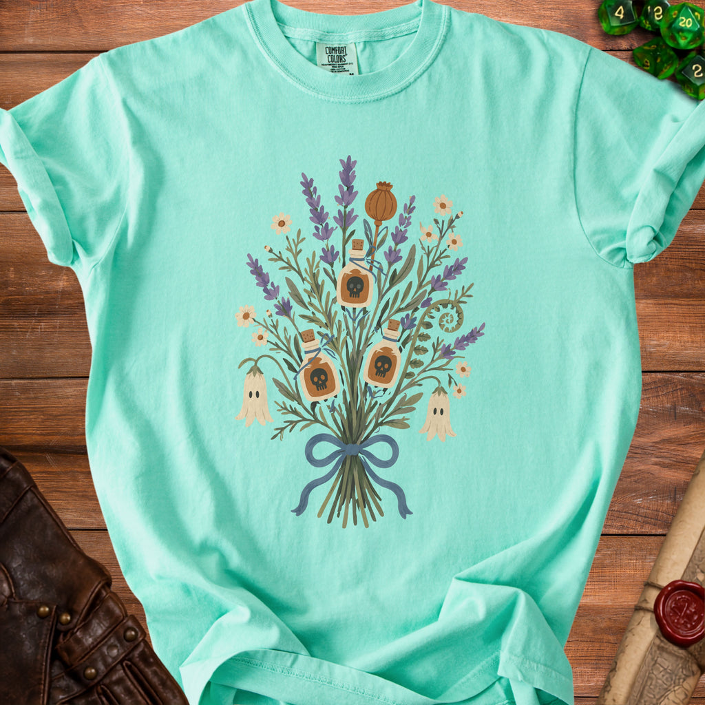 Teal t-shirt with a bouquet of spooky flowers, skulls, and ghosts.