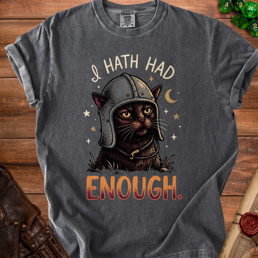 Black cat in armor with "I hath had enough" text and stars.