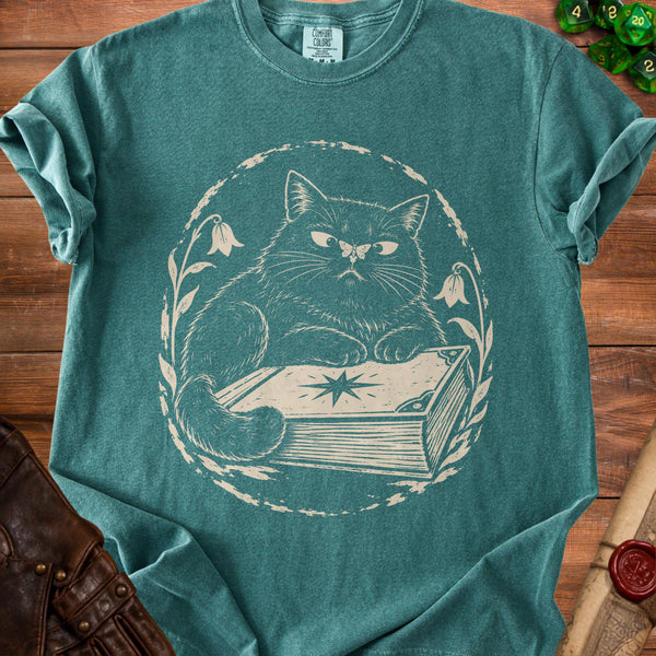 Bookish Cat T-shirt in Blue Spruce