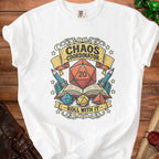 White t-shirt with "Chaos Coordinator Roll With It" text, dice, and books design.