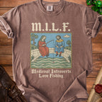 Brown t-shirt with medieval illustration of people fishing and text M.I.L.F. Medieval Introverts Love Fishing.