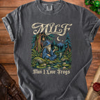 Gray t-shirt with "MILF Man I Love Frogs" text and wizard with frog graphic.