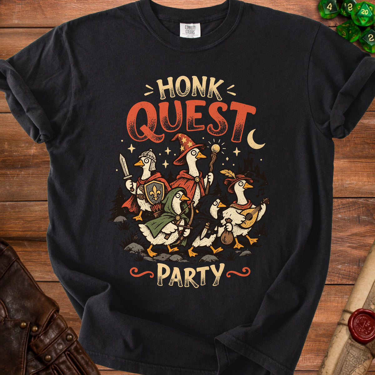 Group of geese dressed as fantasy adventurers with "Honk Quest Party" text.