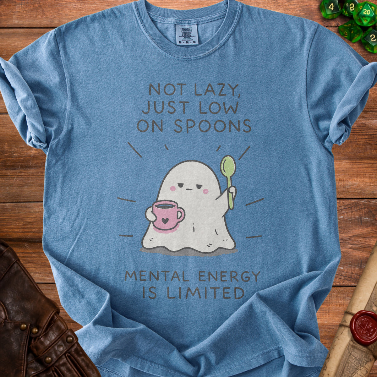 Blue t-shirt with ghost holding coffee cup and spoon, text "Not Lazy, Just Low On Spoons".