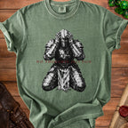 Green t-shirt with knight kneeling and text "NO THOUGHTS. JUST PAIN."