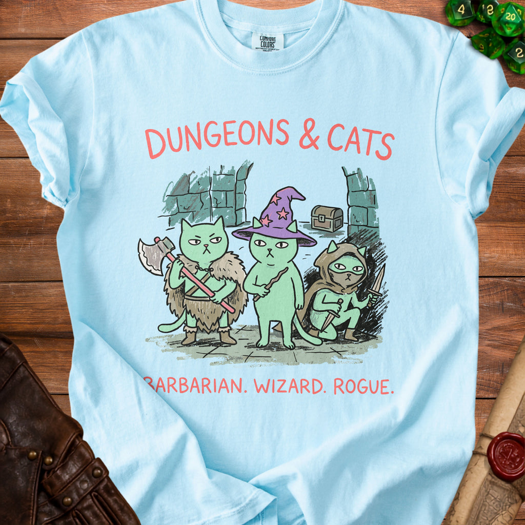 Light blue t-shirt with "Dungeons & Cats" text and barbarian, wizard, rogue cats.