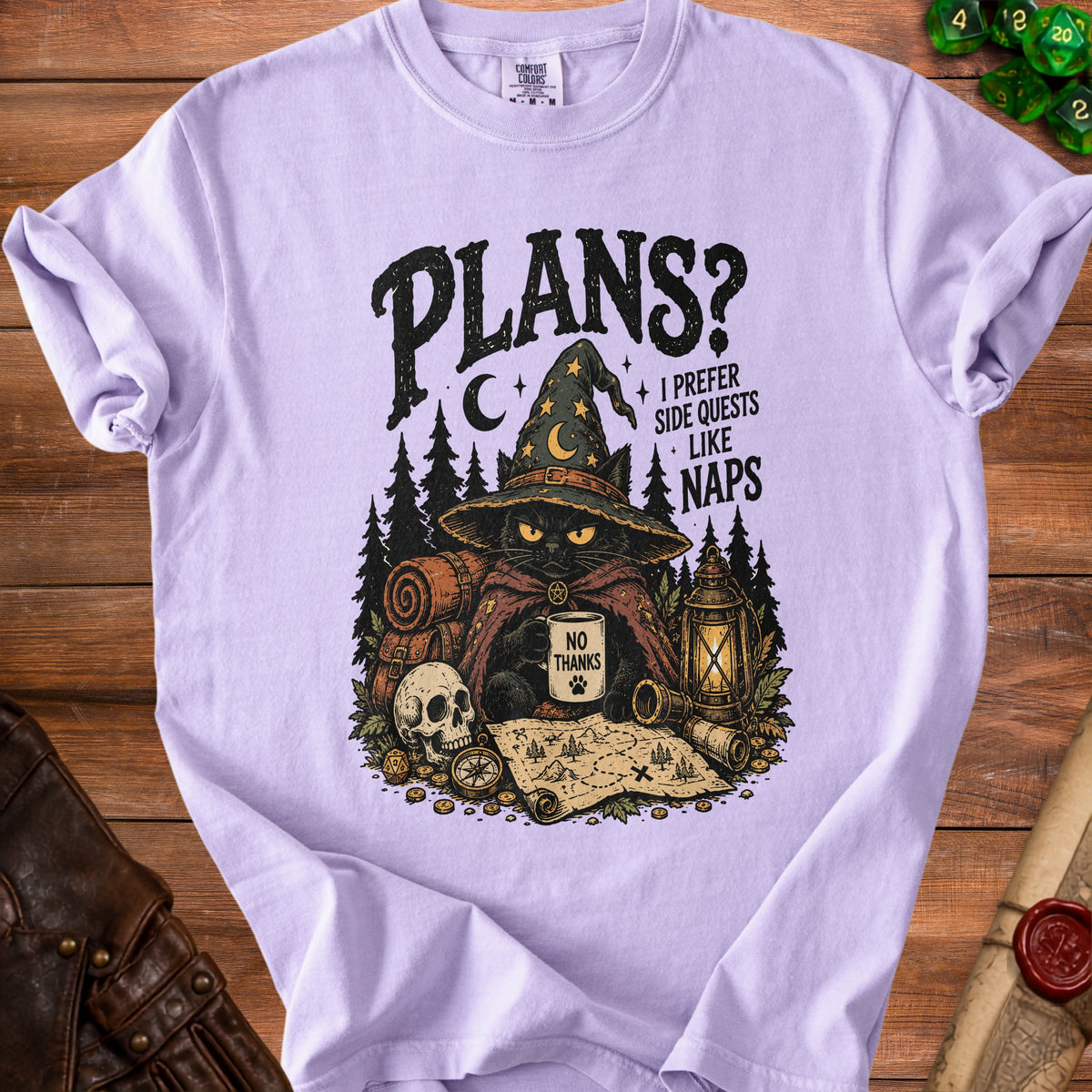 Black cat in wizard hat with mug that says "No Thanks" and "Plans? I prefer side quests like naps".