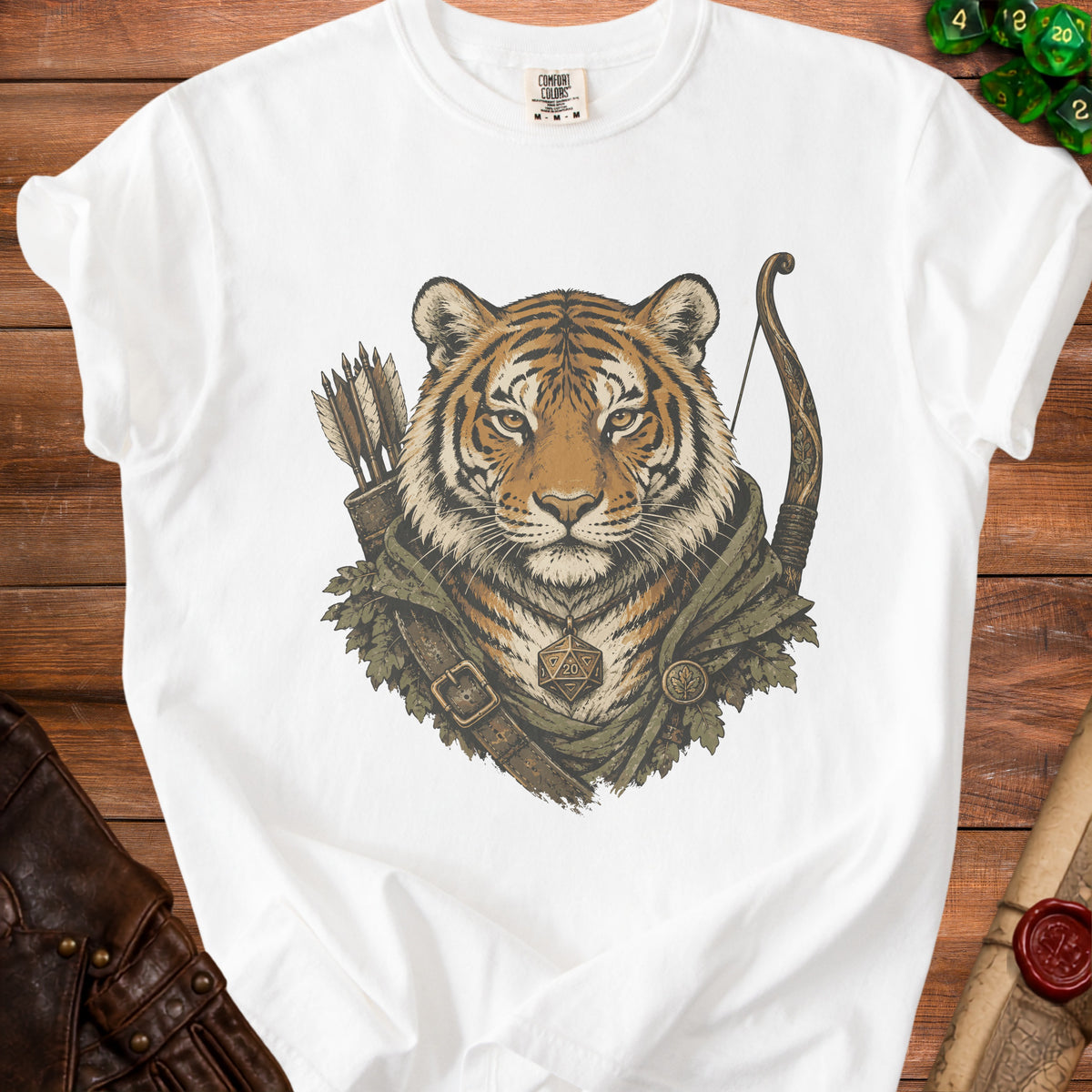 White t-shirt with a tiger wearing armor, bow, and arrows.