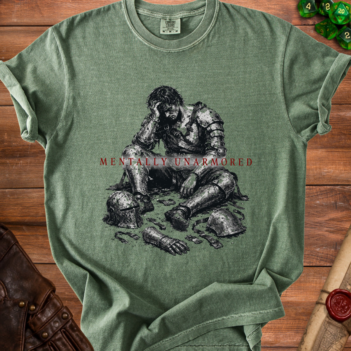 Green t-shirt with "Mentally Unarmored" text and knight illustration.