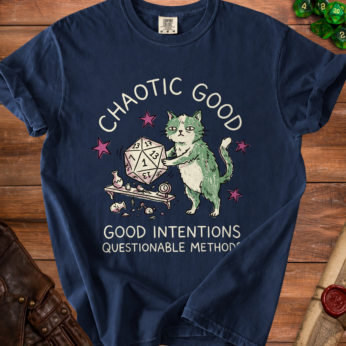 T-shirt with a cat holding a d20 dice, text reads "Chaotic Good".