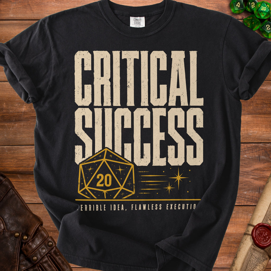 Black t-shirt with "CRITICAL SUCCESS" and a d20 dice graphic.