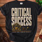 Black t-shirt with "CRITICAL SUCCESS" and a d20 dice graphic.