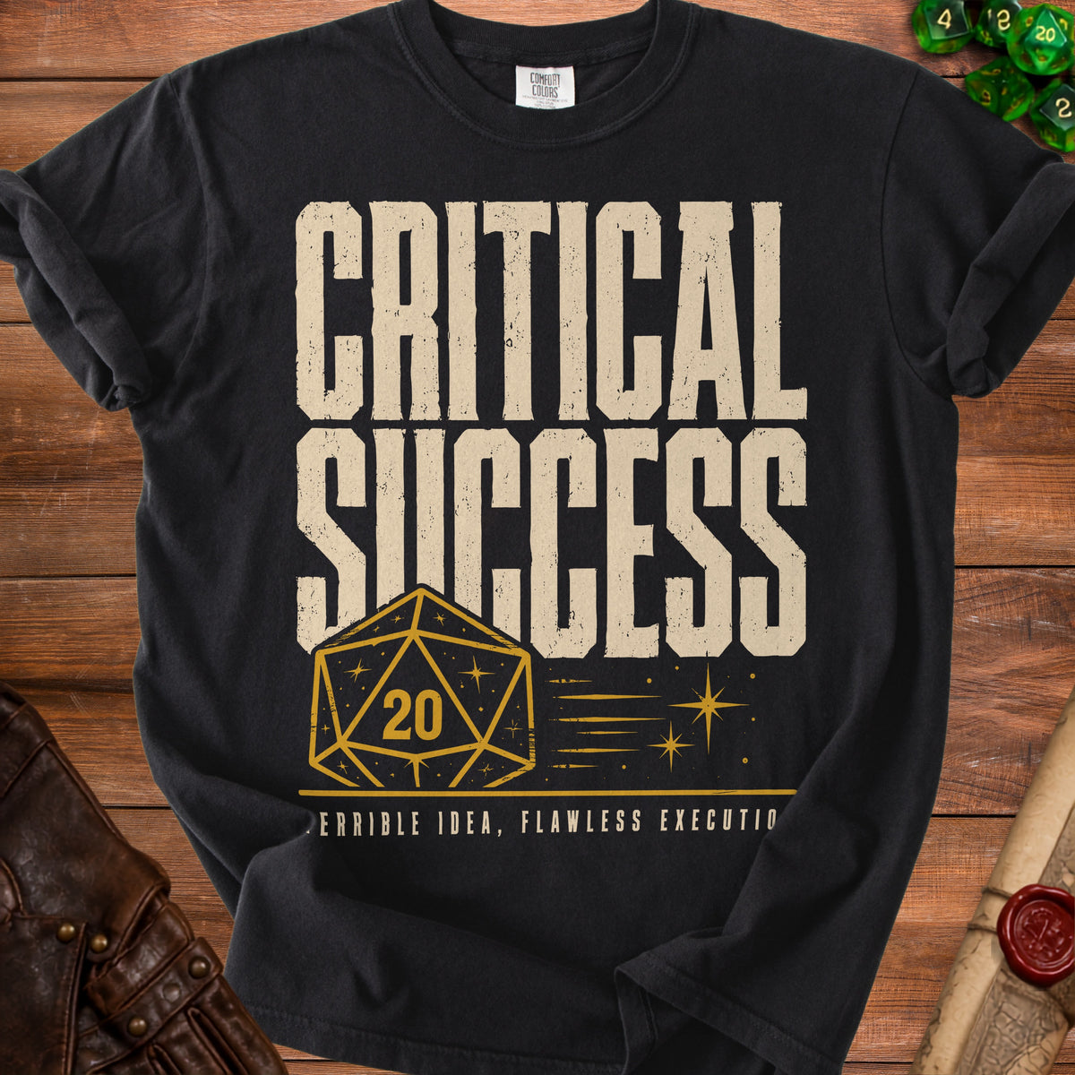 Black t-shirt with "CRITICAL SUCCESS" and a d20 dice graphic.
