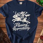 Dark navy t-shirt with a white graphic of a creature riding a rabbit, text reads "Fleeing Responsibility".