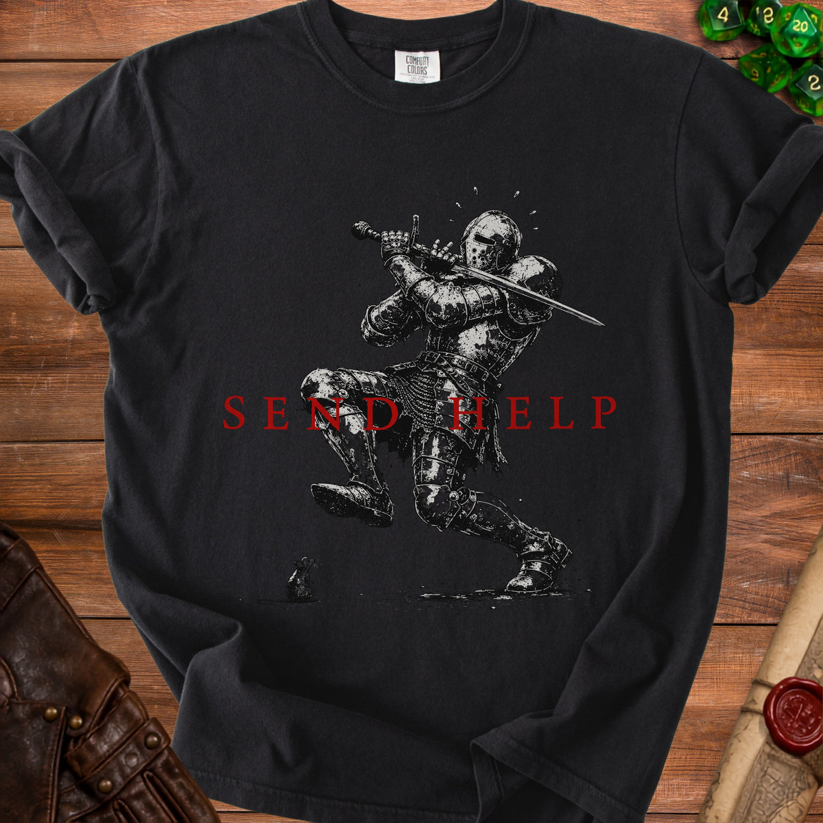 Black t-shirt with knight illustration and red text "SEND HELP."