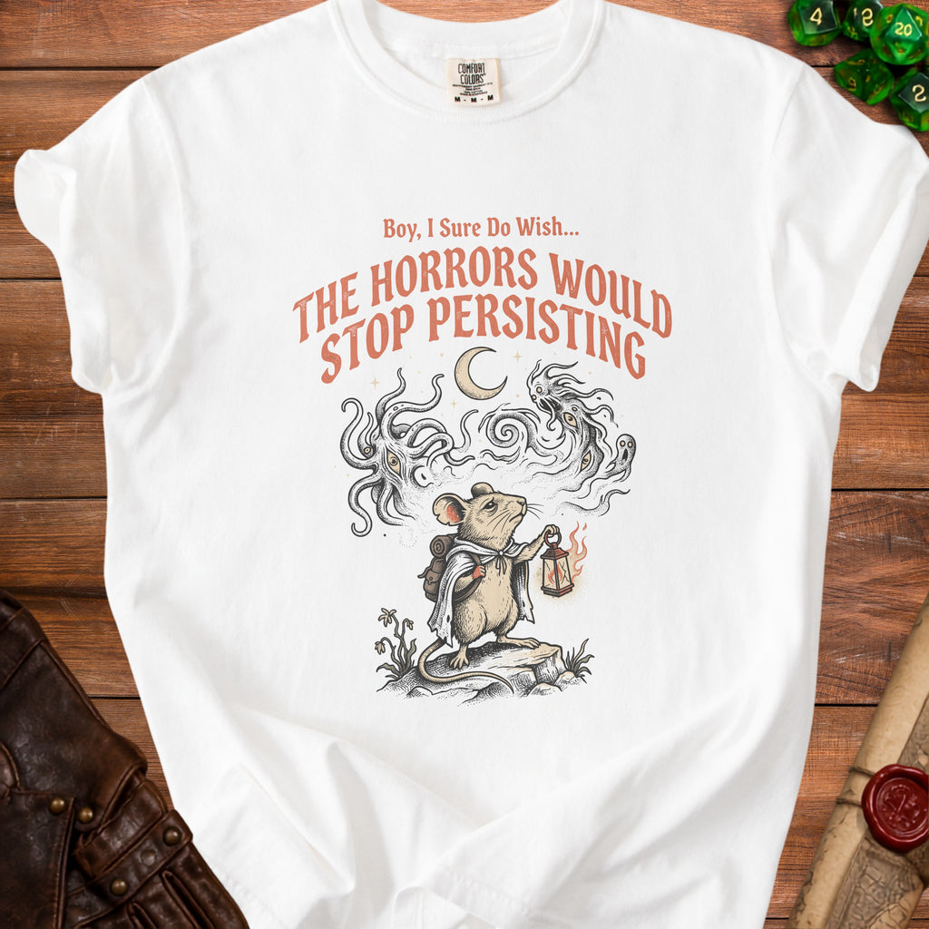White t-shirt with graphic of mouse holding lantern and text "The Horrors Would Stop Persisting".