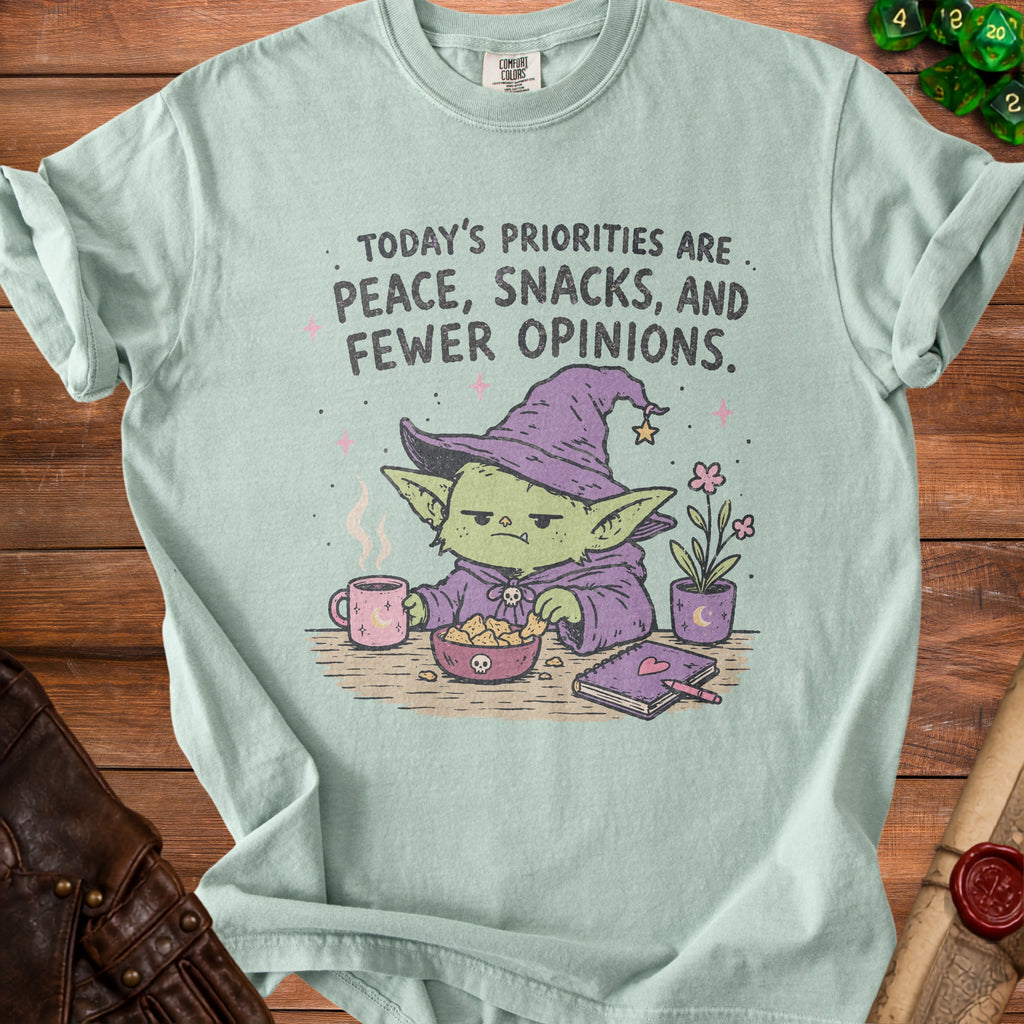 Mint green t-shirt with illustration of a grumpy goblin wearing a witch hat, reading, eating snacks, and drinking coffee.