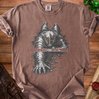 Brown t-shirt with "Running on Empty" text and armored figure graphic.