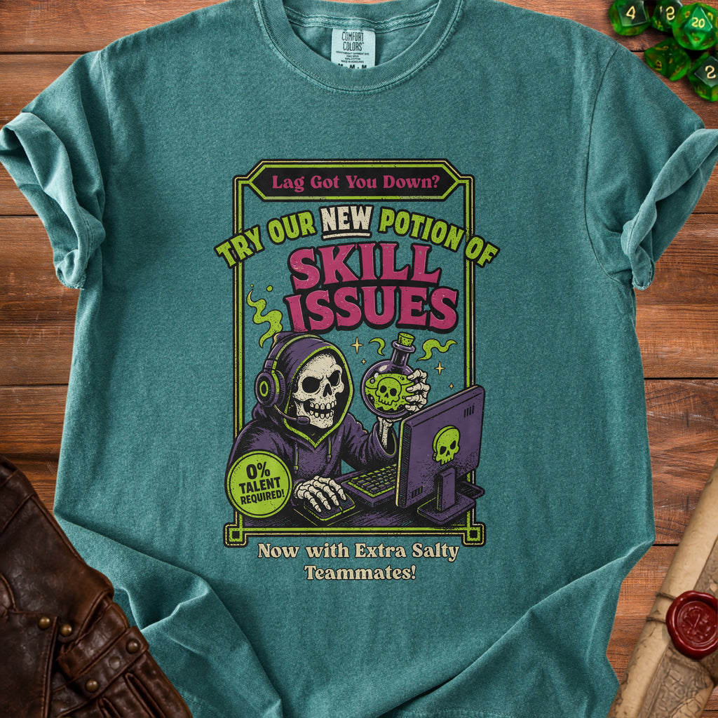 Skeleton gamer with headphones using a computer, with text "Skill Issues" and "Now with Extra Salty Teammates!".