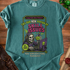 Skeleton gamer with headphones using a computer, with text "Skill Issues" and "Now with Extra Salty Teammates!".