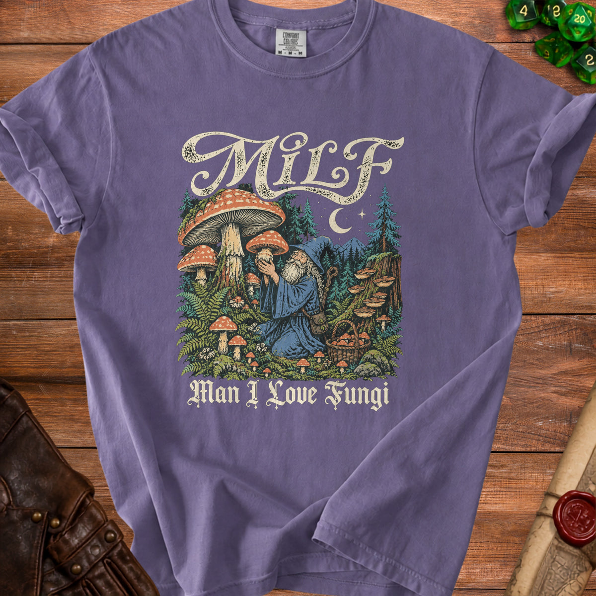 Purple t-shirt with "MILF Man I Love Fungi" text and wizard mushroom graphic.