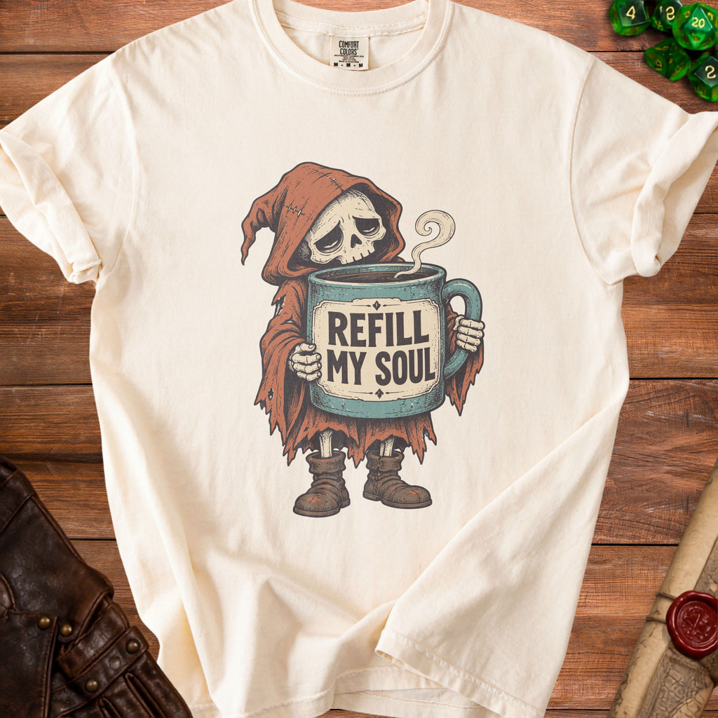 Grim reaper character holding a mug with text that reads "REFILL MY SOUL".