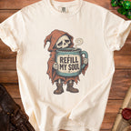 Grim reaper character holding a mug with text that reads "REFILL MY SOUL".