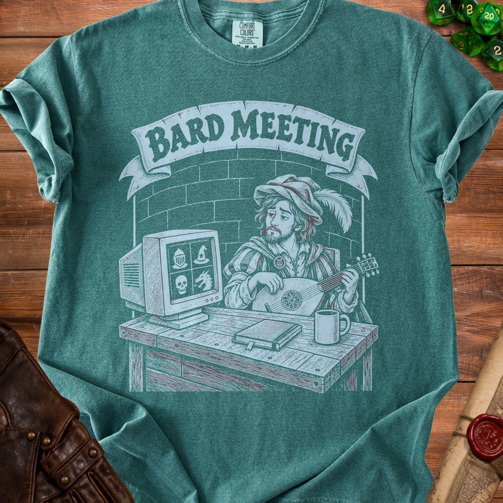 Bard Meeting graphic with a man playing lute, computer displaying game icons.