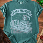 Bard Meeting graphic with a man playing lute, computer displaying game icons.