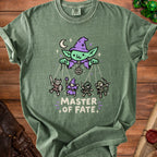 Green t-shirt with a goblin puppet master controlling four fantasy characters and the text "MASTER OF FATE".