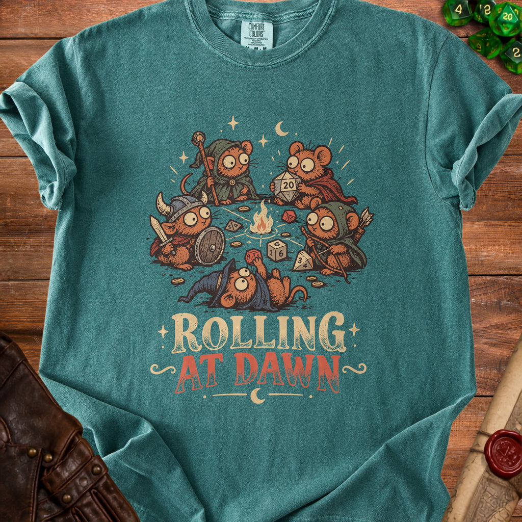 T-shirt with cartoon mice playing Dungeons & Dragons and text "Rolling At Dawn".