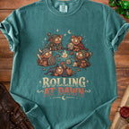 T-shirt with cartoon mice playing Dungeons & Dragons and text "Rolling At Dawn".