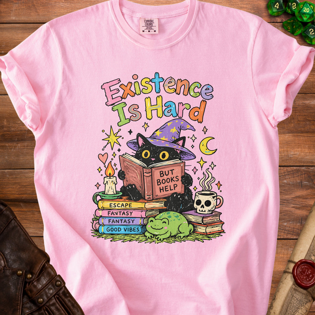 Pink t-shirt with black cat reading "But Books Help" and text "Existence Is Hard".