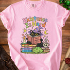 Pink t-shirt with black cat reading "But Books Help" and text "Existence Is Hard".