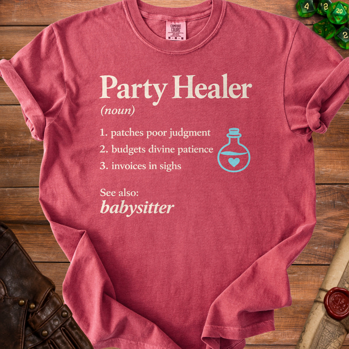 Red t-shirt with white text defining "Party Healer" and a potion icon.