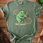 Green t-shirt with a grumpy alien holding "ME" and "MY PEACE" with flowers and crystals.