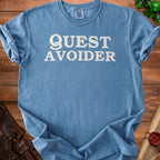 Blue t-shirt with "Quest Avoider" text and Comfort Colors tag.