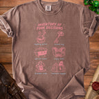 Brown t-shirt with "Inventory of Poor Decisions" graphic.