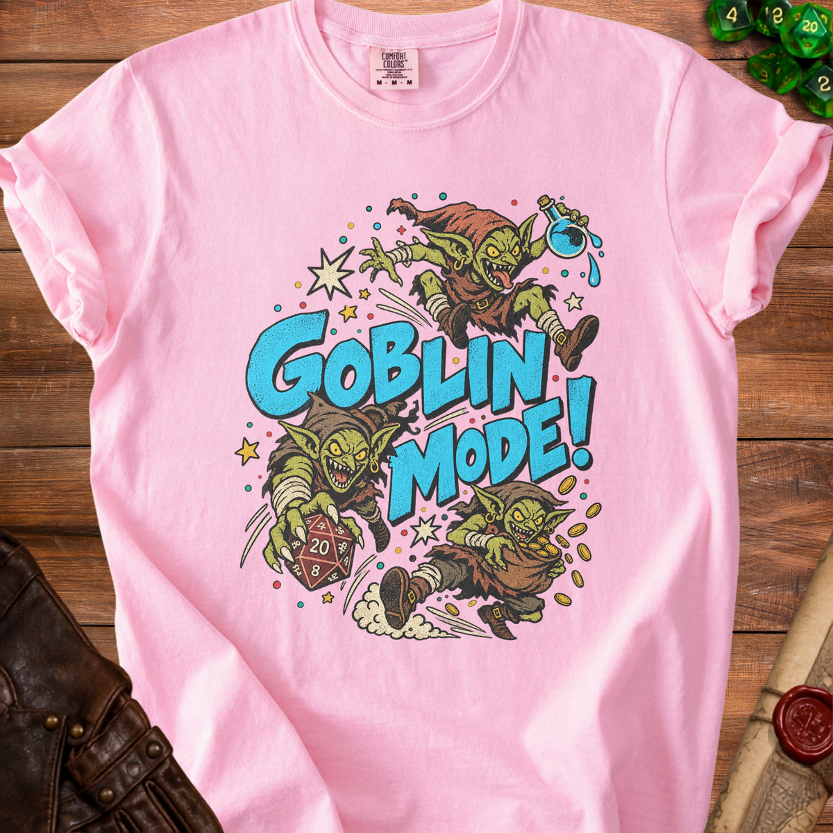 Pink t-shirt with three goblins and "GOBLIN MODE!" text graphic.