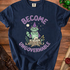 Navy t-shirt with graphic of a raccoon wizard and text "BECOME UNGOVERNABLE".