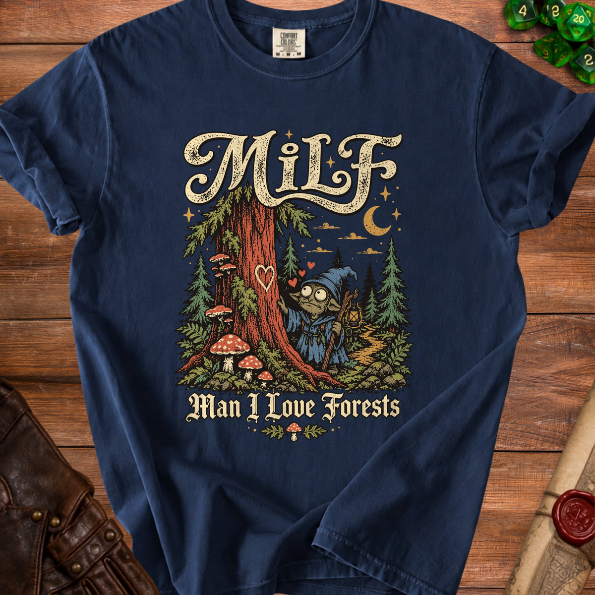MILF Man I Love Forests graphic on a navy t-shirt with forest scene.