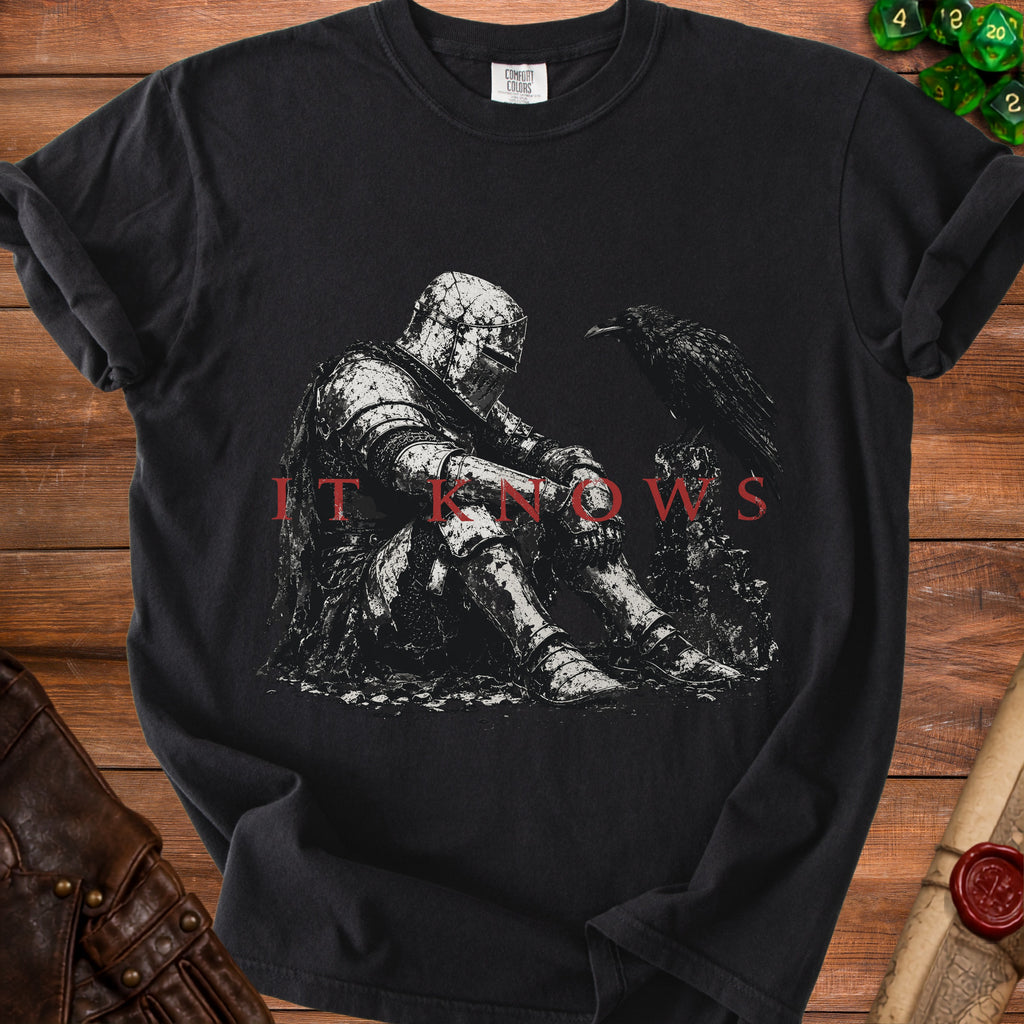 Knight in armor sits beside a raven, with text "IT KNOWS" below.