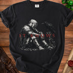 Knight in armor sits beside a raven, with text "IT KNOWS" below.