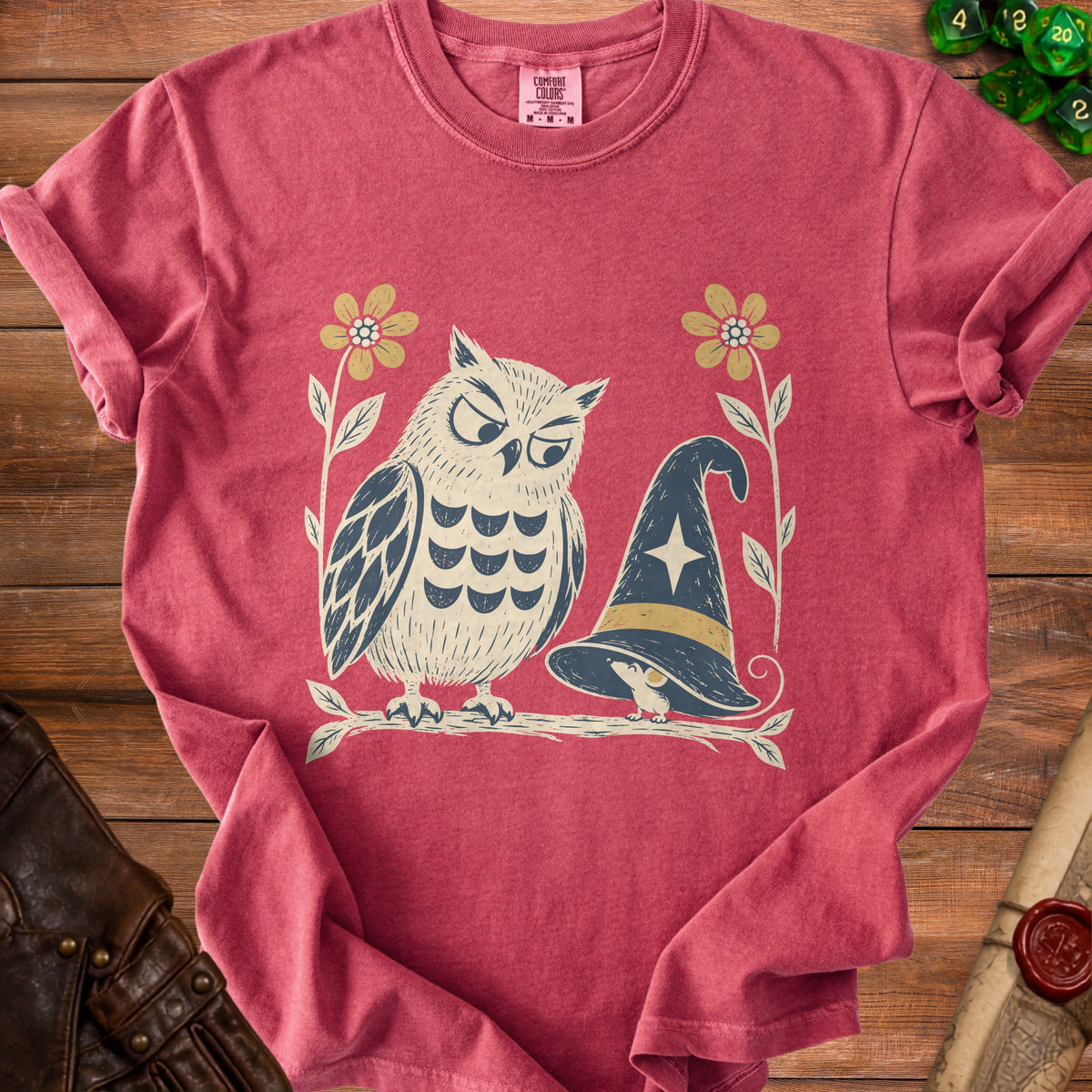 T-shirt with a distressed print of an owl and a mouse under a witch hat.